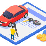 An animated person, car, keys, and online form representative of the automotive finance industry