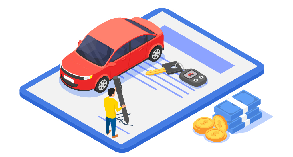 An animated person, car, keys, and online form representative of the automotive finance industry